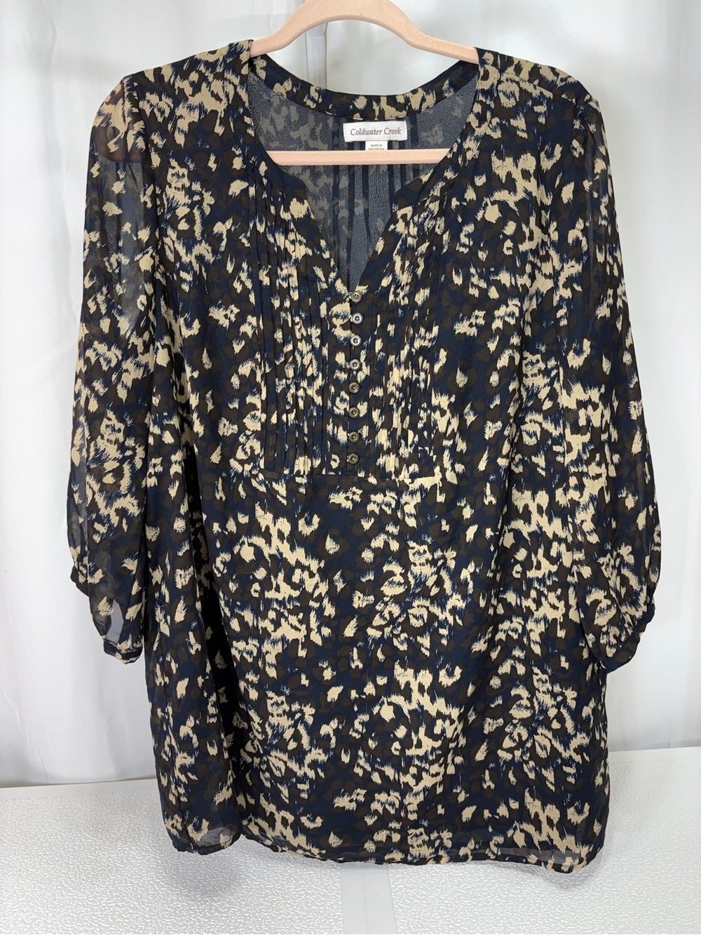 Coldwater Creek Navy and Cream Animal-Print Pintuck Blouse 4336